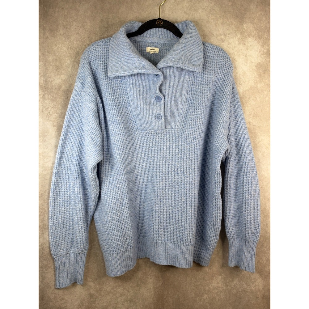 Aerie Sweater Medium Blue Waffle Knit Henley Button Pullover Relaxed Oversized